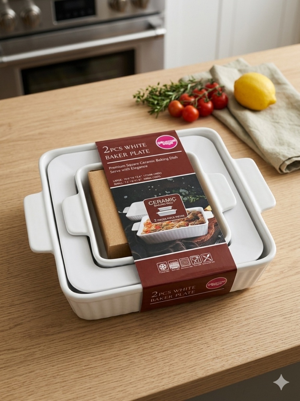 2-piece white square ceramic baking dish set by Gourmet Edge with side handles